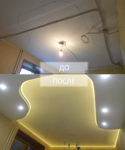Двухуровневый натяжной потолок в зале с подсветкой фото